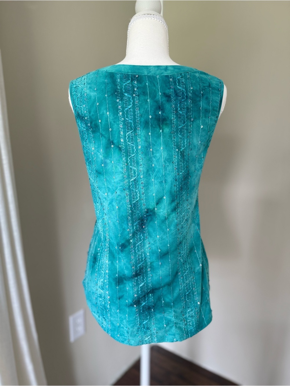 Vintage Y2K Tank Top Fairycore cami Teal Beaded Sleeveless mermaidcore S - Picture 8 of 10